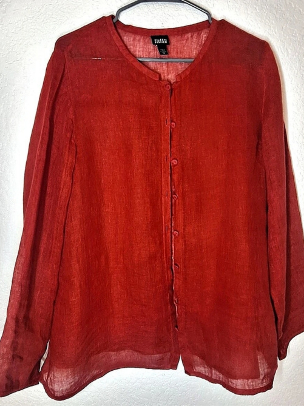 Eileen Fisher Red Sheer 100% Linen Button-Front Cardigan  Medium M
